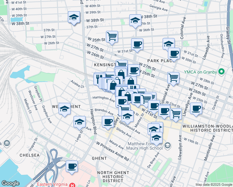 map of restaurants, bars, coffee shops, grocery stores, and more near 827 West 21st Street in Norfolk