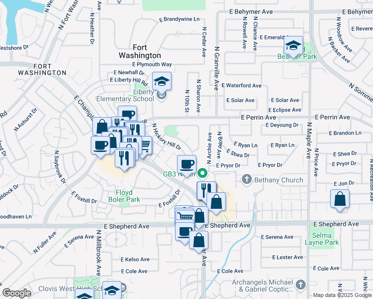 map of restaurants, bars, coffee shops, grocery stores, and more near 9329 North Valley Green Drive in Fresno
