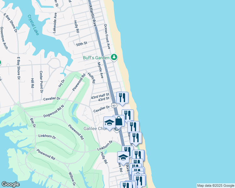 map of restaurants, bars, coffee shops, grocery stores, and more near 107 43rd Street in Virginia Beach