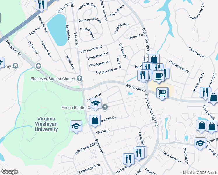 map of restaurants, bars, coffee shops, grocery stores, and more near 5585 Campus Drive in Virginia Beach
