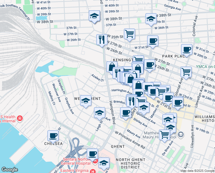 map of restaurants, bars, coffee shops, grocery stores, and more near 1005 Woodrow Avenue in Norfolk
