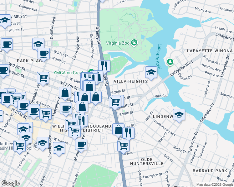 map of restaurants, bars, coffee shops, grocery stores, and more near 721 East 28th Street in Norfolk