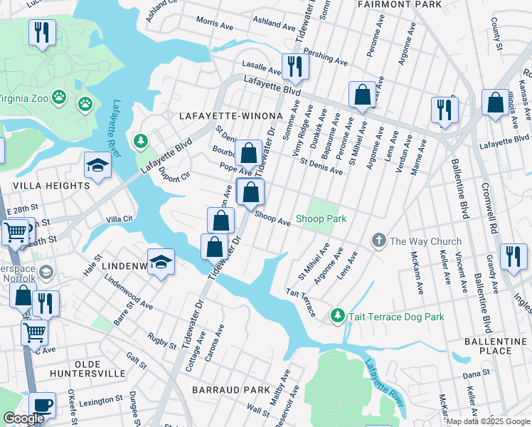 map of restaurants, bars, coffee shops, grocery stores, and more near 2800 Somme Avenue in Norfolk