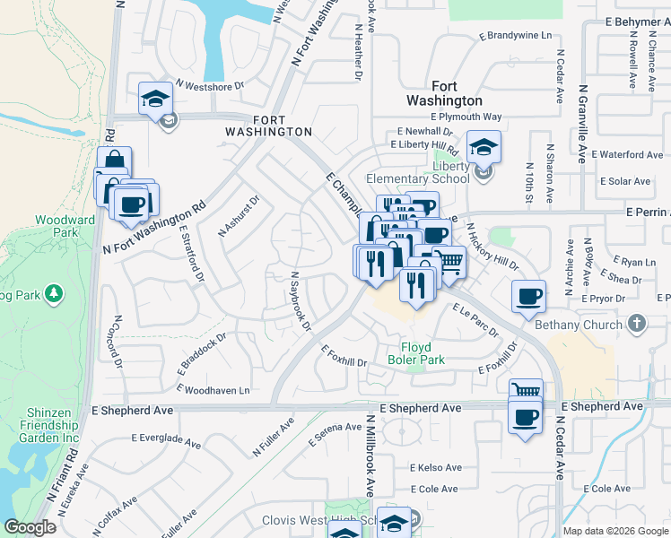 map of restaurants, bars, coffee shops, grocery stores, and more near 852 East Newcastle Lane in Fresno