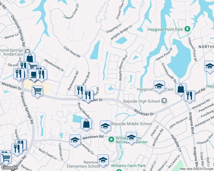 map of restaurants, bars, coffee shops, grocery stores, and more near 1237 Grace Hill Drive in Virginia Beach