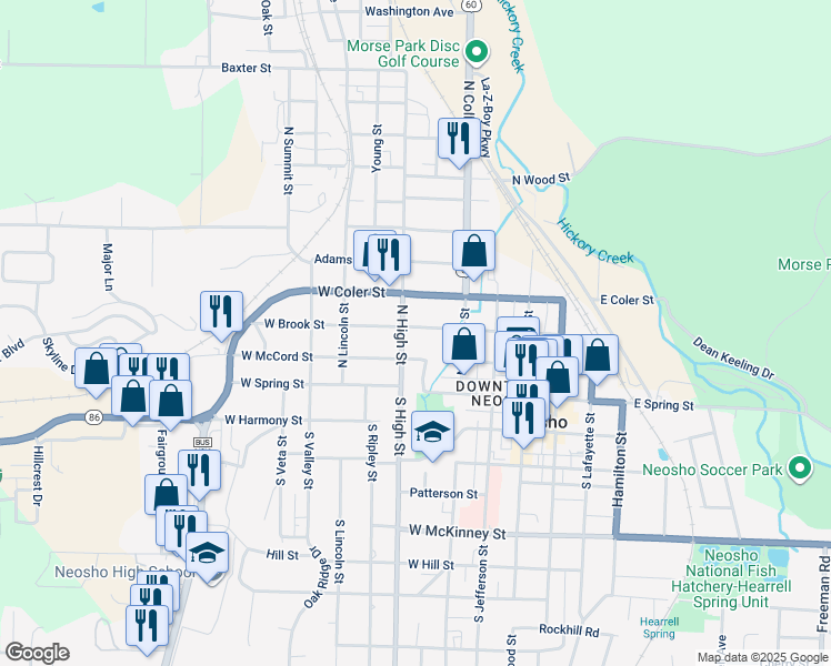map of restaurants, bars, coffee shops, grocery stores, and more near 335 West Brook Street in Neosho