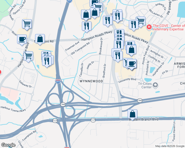 map of restaurants, bars, coffee shops, grocery stores, and more near 4628 Maplewood Drive in Suffolk