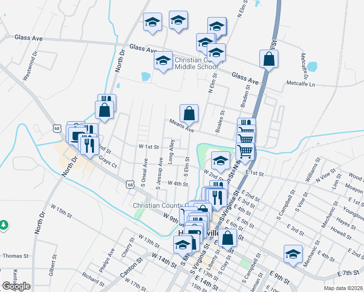 map of restaurants, bars, coffee shops, grocery stores, and more near 412 West 1st Street in Hopkinsville