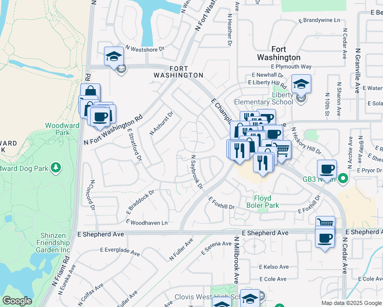 map of restaurants, bars, coffee shops, grocery stores, and more near 782 East Newcastle Lane in Fresno