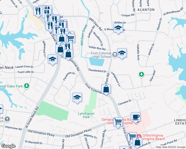 map of restaurants, bars, coffee shops, grocery stores, and more near 1256 Barn Brook Road in Virginia Beach