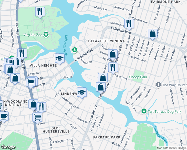 map of restaurants, bars, coffee shops, grocery stores, and more near 1734 Hancock Avenue in Norfolk