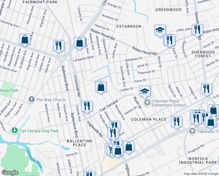 map of restaurants, bars, coffee shops, grocery stores, and more near 2640 Nevada Avenue in Norfolk