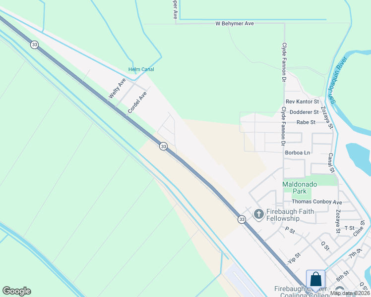 map of restaurants, bars, coffee shops, grocery stores, and more near 27 N Street in Firebaugh