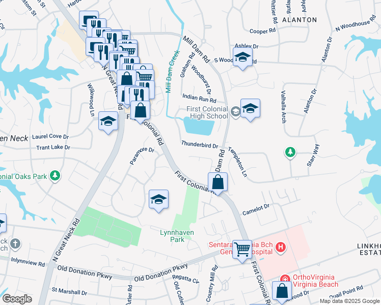 map of restaurants, bars, coffee shops, grocery stores, and more near 1256 Barn Brook Road in Virginia Beach