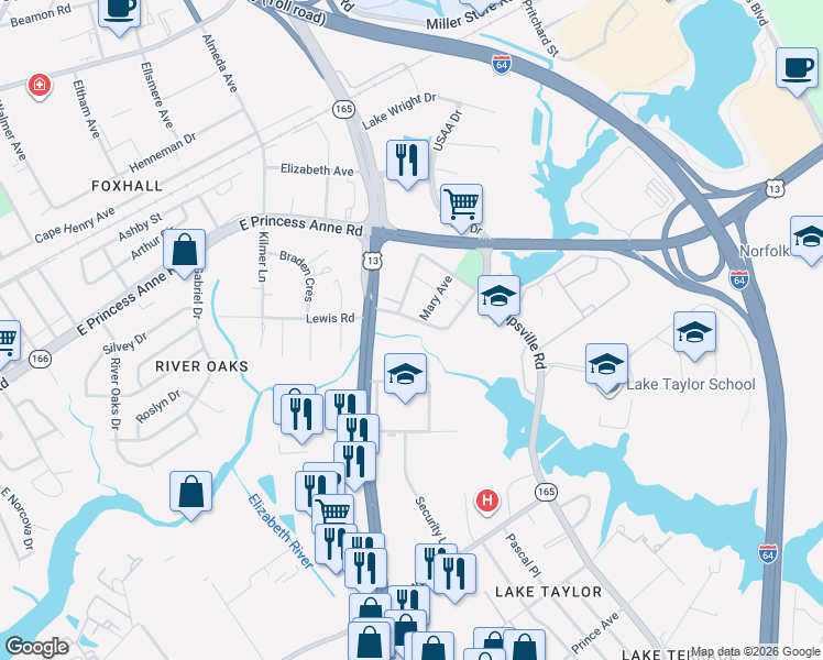 map of restaurants, bars, coffee shops, grocery stores, and more near 5723 Cornick Road in Norfolk