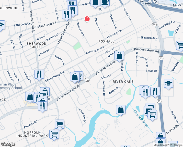 map of restaurants, bars, coffee shops, grocery stores, and more near 5157 East Princess Anne Road in Norfolk