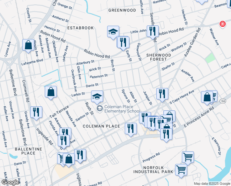 map of restaurants, bars, coffee shops, grocery stores, and more near 2456 Hemlock Street in Norfolk