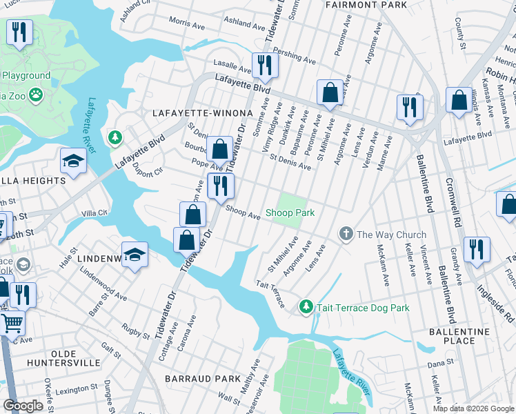 map of restaurants, bars, coffee shops, grocery stores, and more near 2808 Dunkirk Avenue in Norfolk