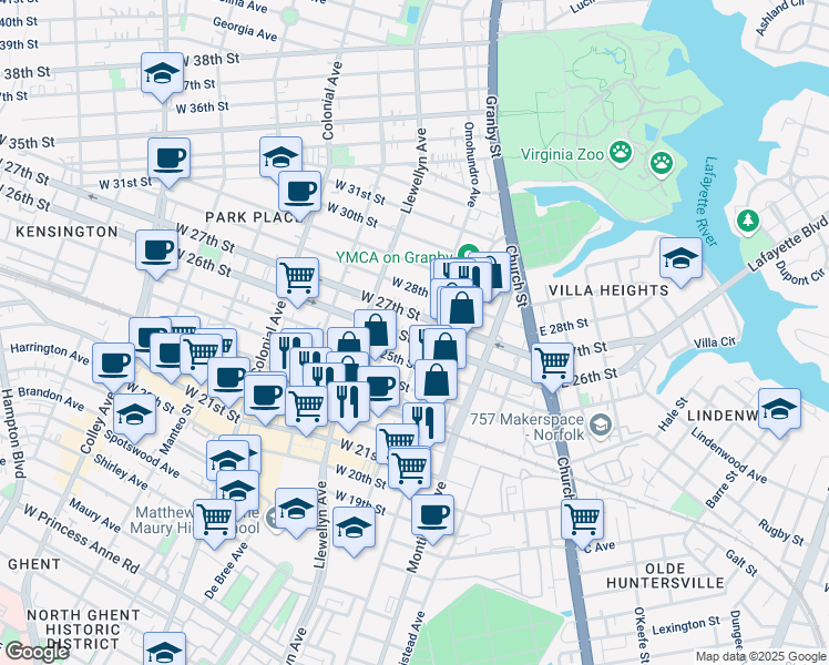 map of restaurants, bars, coffee shops, grocery stores, and more near 213 West 26th Street in Norfolk