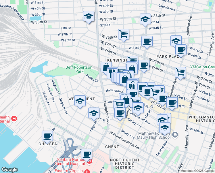 map of restaurants, bars, coffee shops, grocery stores, and more near 948 Harrington Avenue in Norfolk