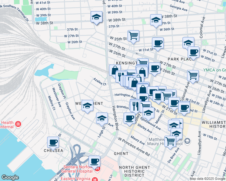 map of restaurants, bars, coffee shops, grocery stores, and more near 948 Harrington Avenue in Norfolk