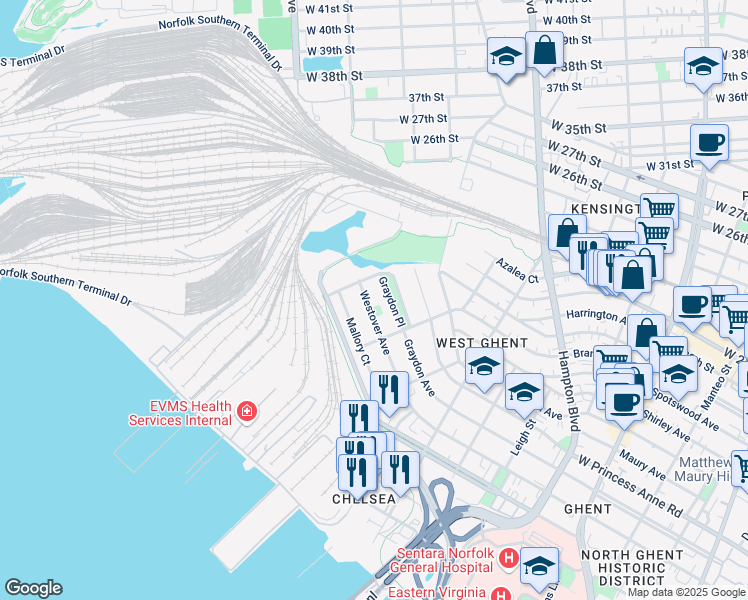 map of restaurants, bars, coffee shops, grocery stores, and more near 1439 Westover Avenue in Norfolk