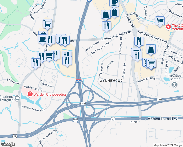 map of restaurants, bars, coffee shops, grocery stores, and more near 6000 Green Ash Court in Suffolk