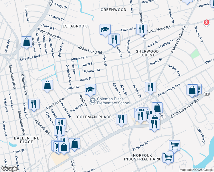 map of restaurants, bars, coffee shops, grocery stores, and more near 2456 Hemlock Street in Norfolk