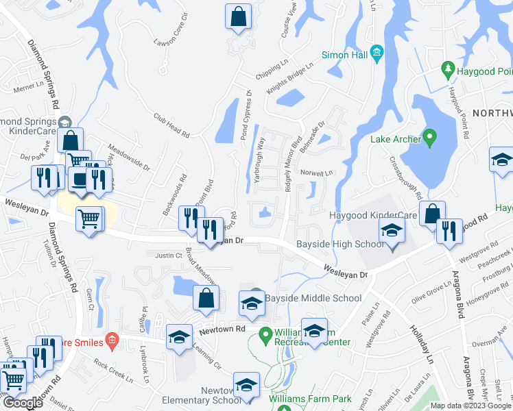 map of restaurants, bars, coffee shops, grocery stores, and more near 1237 Grace Hill Drive in Virginia Beach