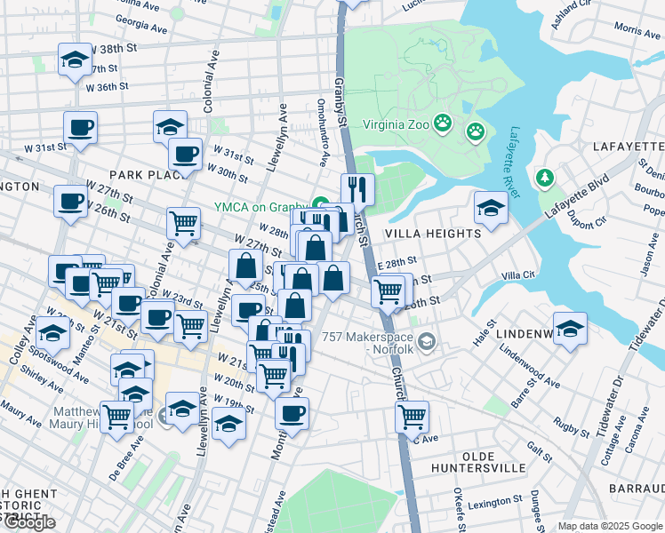 map of restaurants, bars, coffee shops, grocery stores, and more near 112 East 27th Street in Norfolk