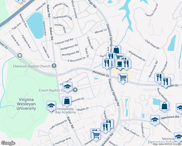 map of restaurants, bars, coffee shops, grocery stores, and more near 985 Turtle Pond Lane in Virginia Beach
