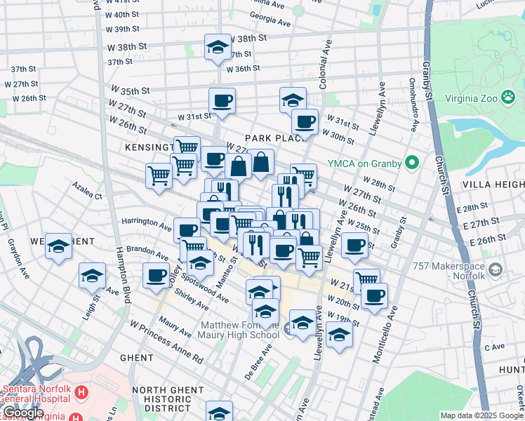 map of restaurants, bars, coffee shops, grocery stores, and more near 529 West 24th Street in Norfolk