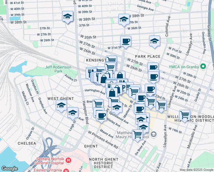 map of restaurants, bars, coffee shops, grocery stores, and more near 827 West 21st Street in Norfolk