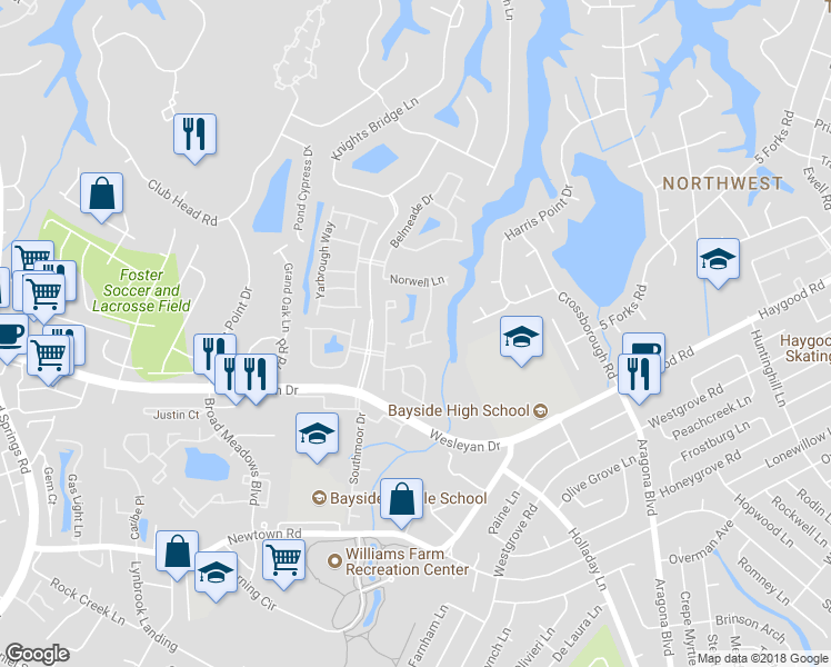 map of restaurants, bars, coffee shops, grocery stores, and more near Bathley Place in Virginia Beach