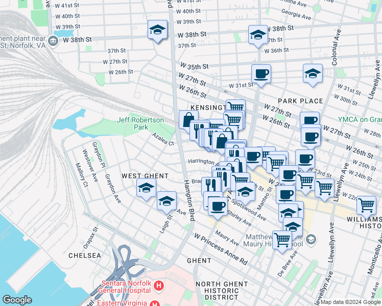 map of restaurants, bars, coffee shops, grocery stores, and more near 957 Woodrow Avenue in Norfolk