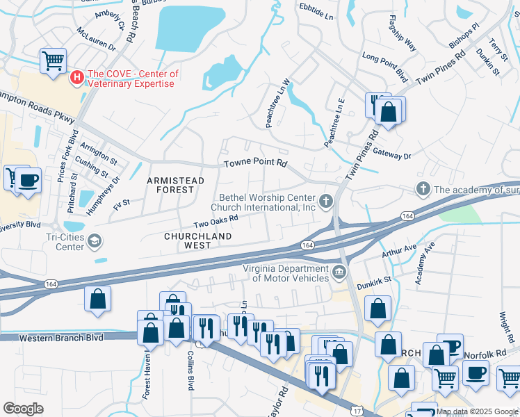 map of restaurants, bars, coffee shops, grocery stores, and more near 3800 Two Oaks Road in Portsmouth