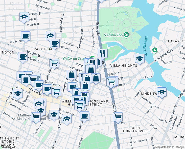 map of restaurants, bars, coffee shops, grocery stores, and more near 2700 Granby Street in Norfolk