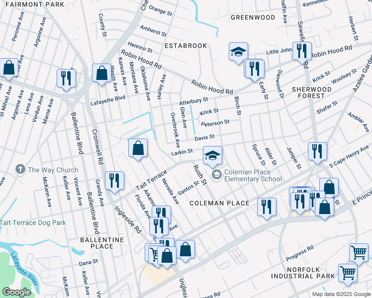 map of restaurants, bars, coffee shops, grocery stores, and more near 3752 Larkin Street in Norfolk