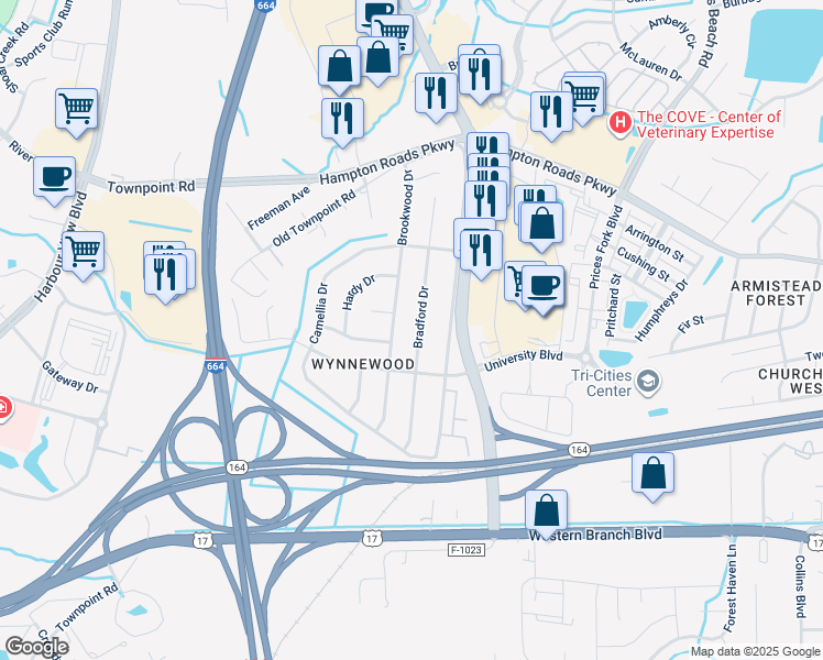 map of restaurants, bars, coffee shops, grocery stores, and more near 6021 Bradford Drive in Suffolk