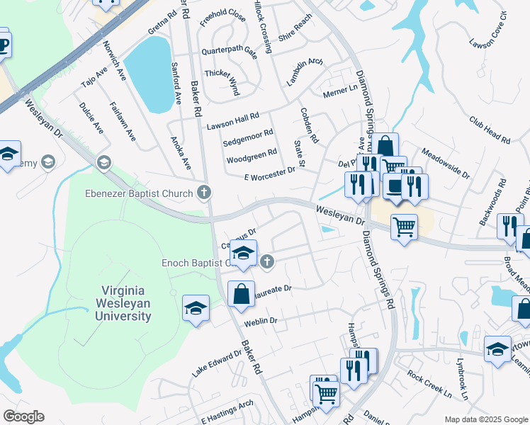 map of restaurants, bars, coffee shops, grocery stores, and more near 911 Wilcher Way in Virginia Beach