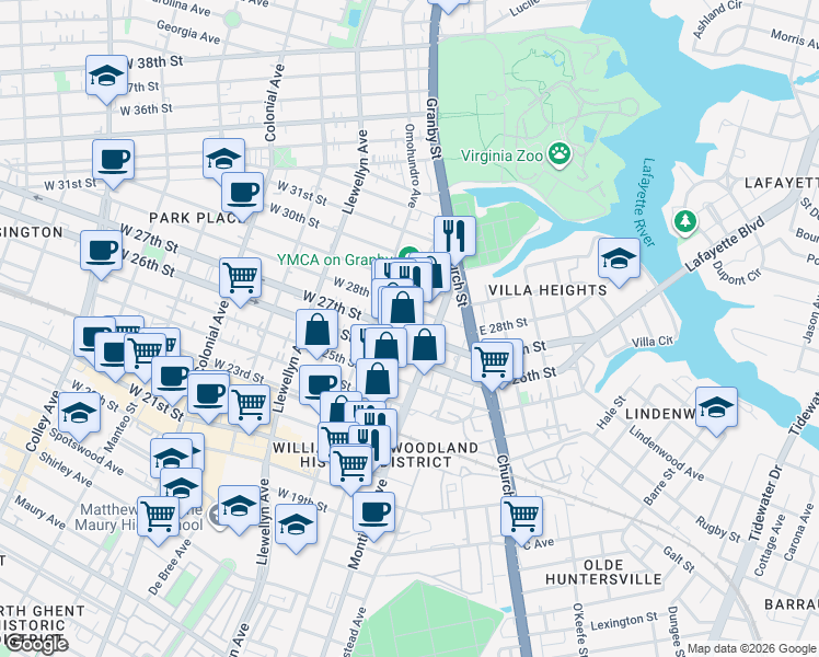 map of restaurants, bars, coffee shops, grocery stores, and more near 2700 Granby Street in Norfolk
