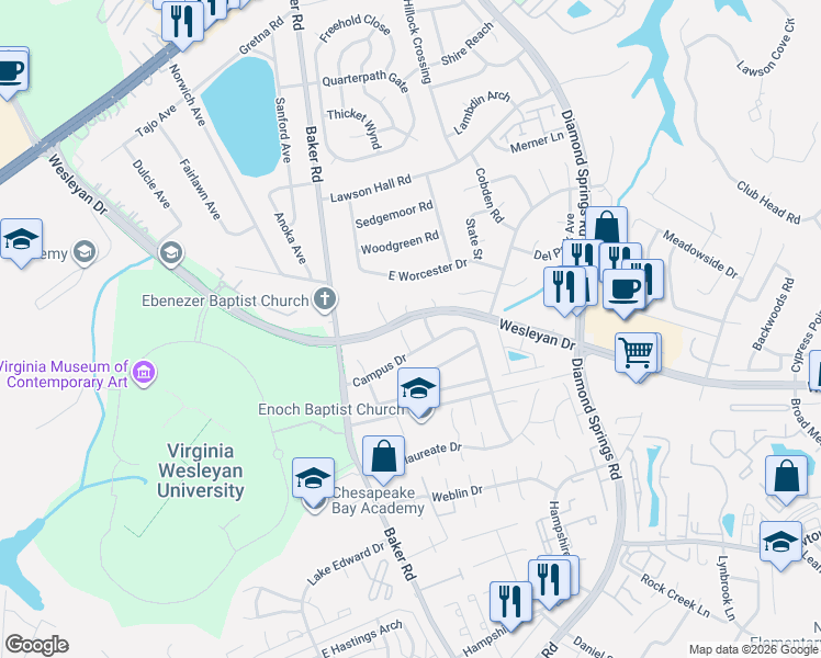 map of restaurants, bars, coffee shops, grocery stores, and more near 909 Jay Are Court in Virginia Beach