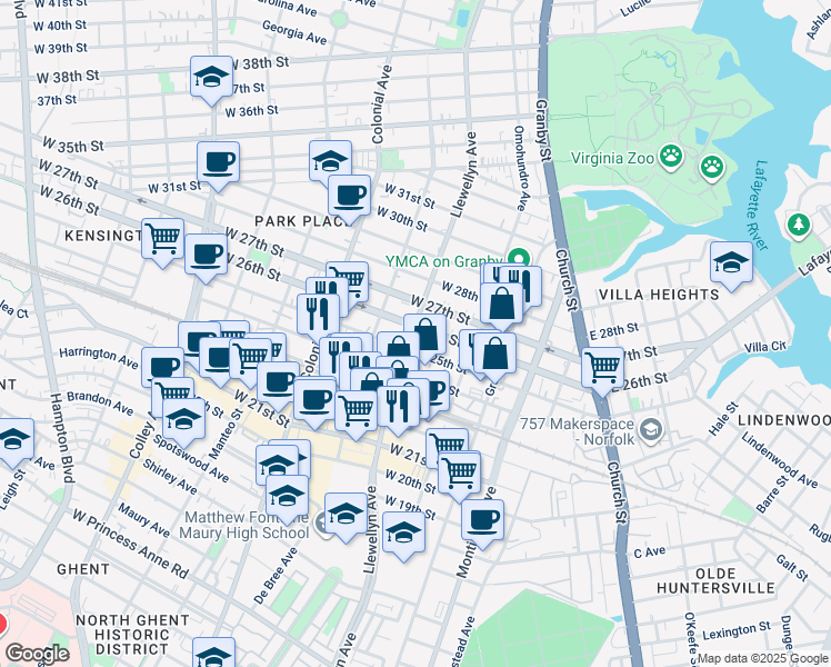 map of restaurants, bars, coffee shops, grocery stores, and more near 249 West 26th Street in Norfolk