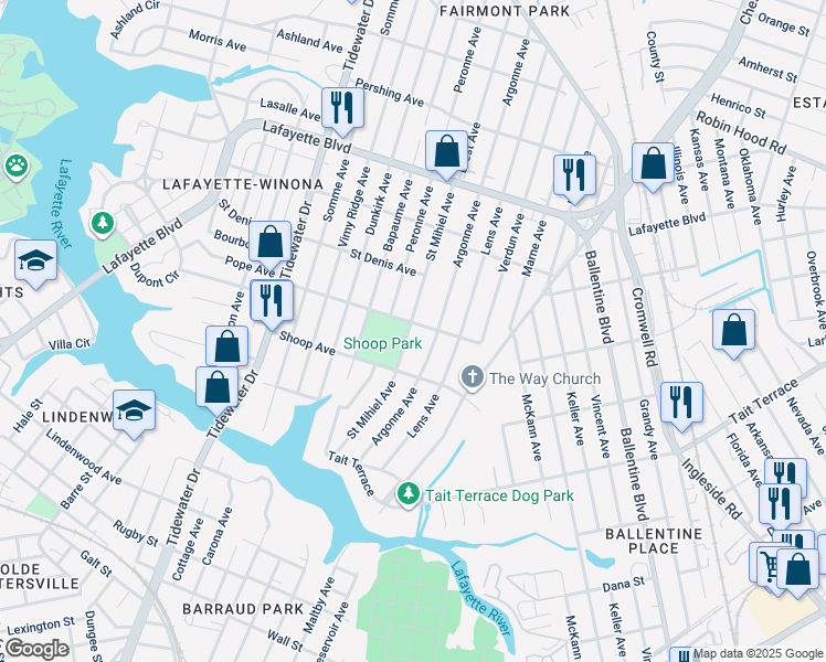map of restaurants, bars, coffee shops, grocery stores, and more near 2834 Saint Mihiel Avenue in Norfolk