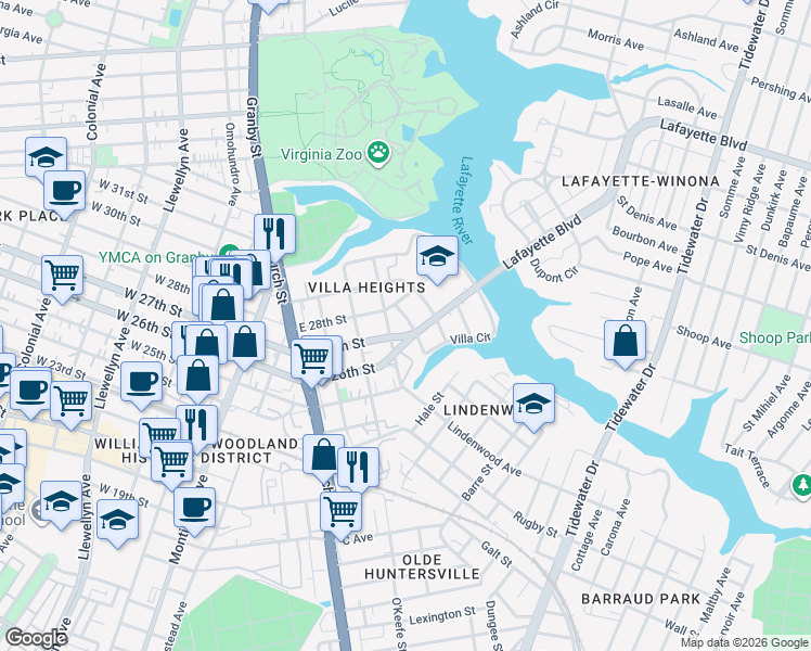 map of restaurants, bars, coffee shops, grocery stores, and more near 2595 Ruffin Way in Norfolk