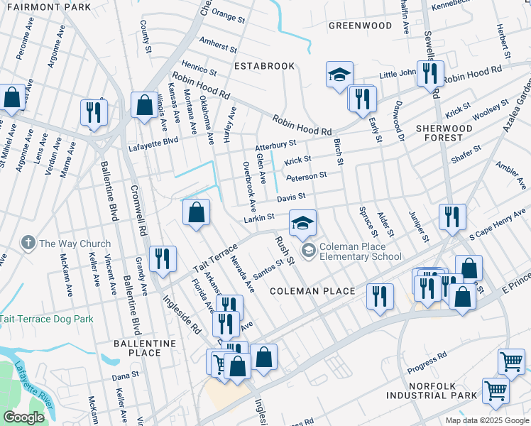 map of restaurants, bars, coffee shops, grocery stores, and more near 3752 Larkin Street in Norfolk
