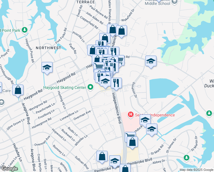map of restaurants, bars, coffee shops, grocery stores, and more near 1025 Independence Boulevard in Virginia Beach