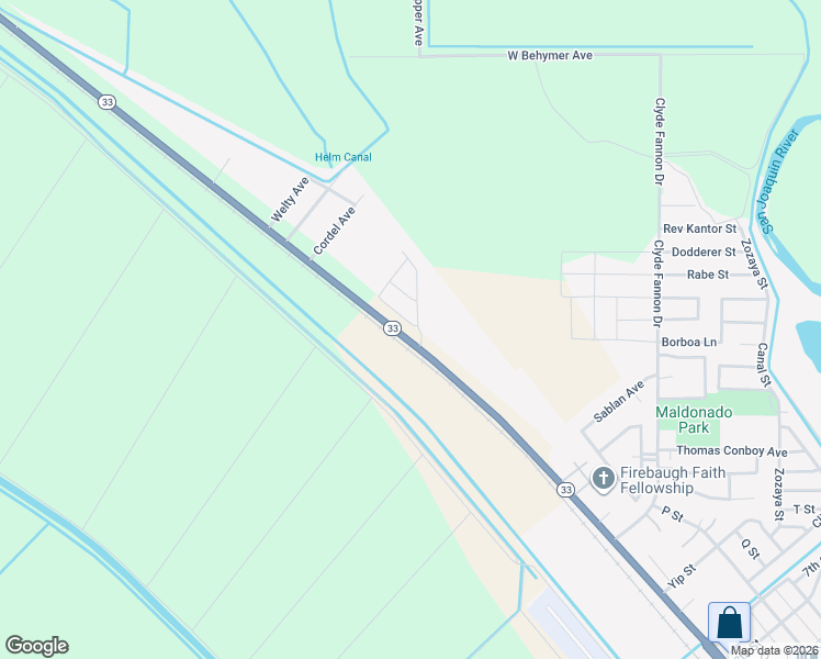 map of restaurants, bars, coffee shops, grocery stores, and more near 27 N Street in Firebaugh
