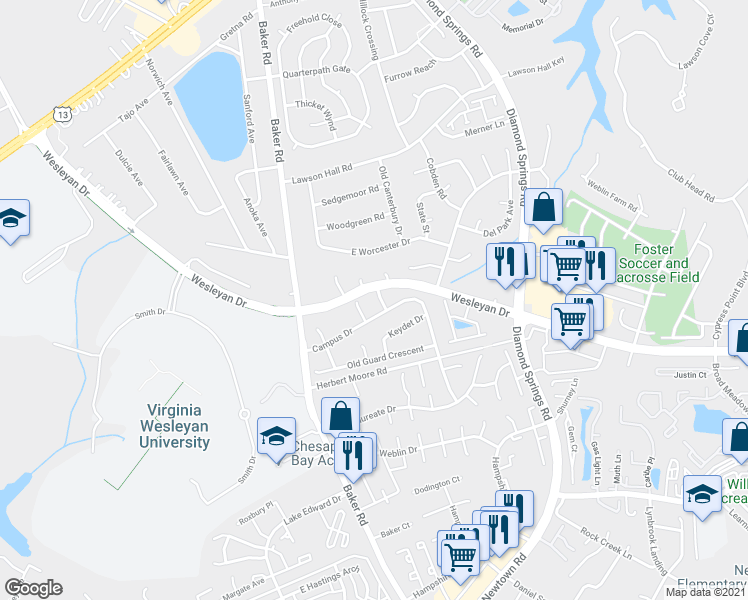 map of restaurants, bars, coffee shops, grocery stores, and more near 5585 Campus Drive in Virginia Beach