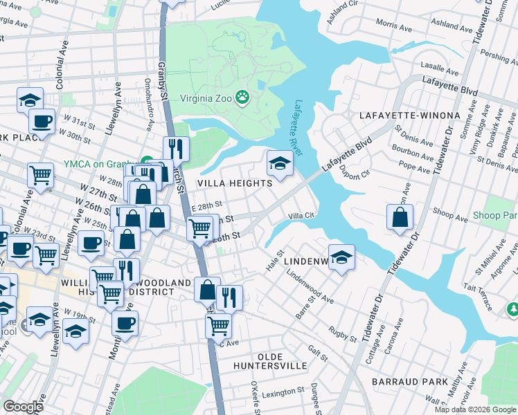 map of restaurants, bars, coffee shops, grocery stores, and more near 2595 Ruffin Way in Norfolk